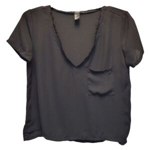 Forever 21 Women's Black V-Neck Notched Collar Blouse - Size S